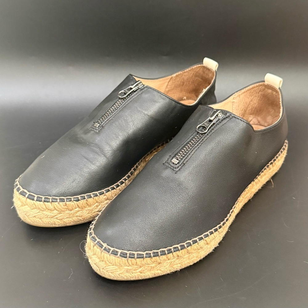 ERIC MICHAEL “Serena” Black Leather Front Zip Platform Espadrilles Size 39